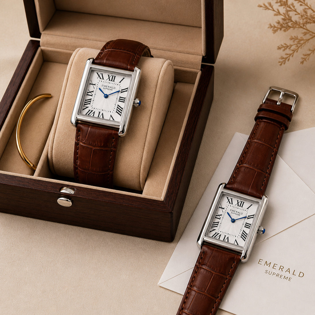 Emerald Supreme Tank Watch in luxury wooden gift box with brown leather strap