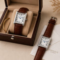 Emerald Supreme Tank Watch in luxury wooden gift box with brown leather strap