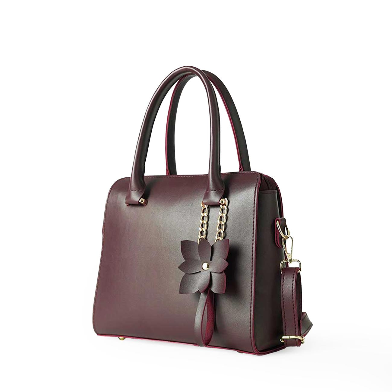 Maroon structured top handle handbag - side angle product view showing pink piping and gold zip detail