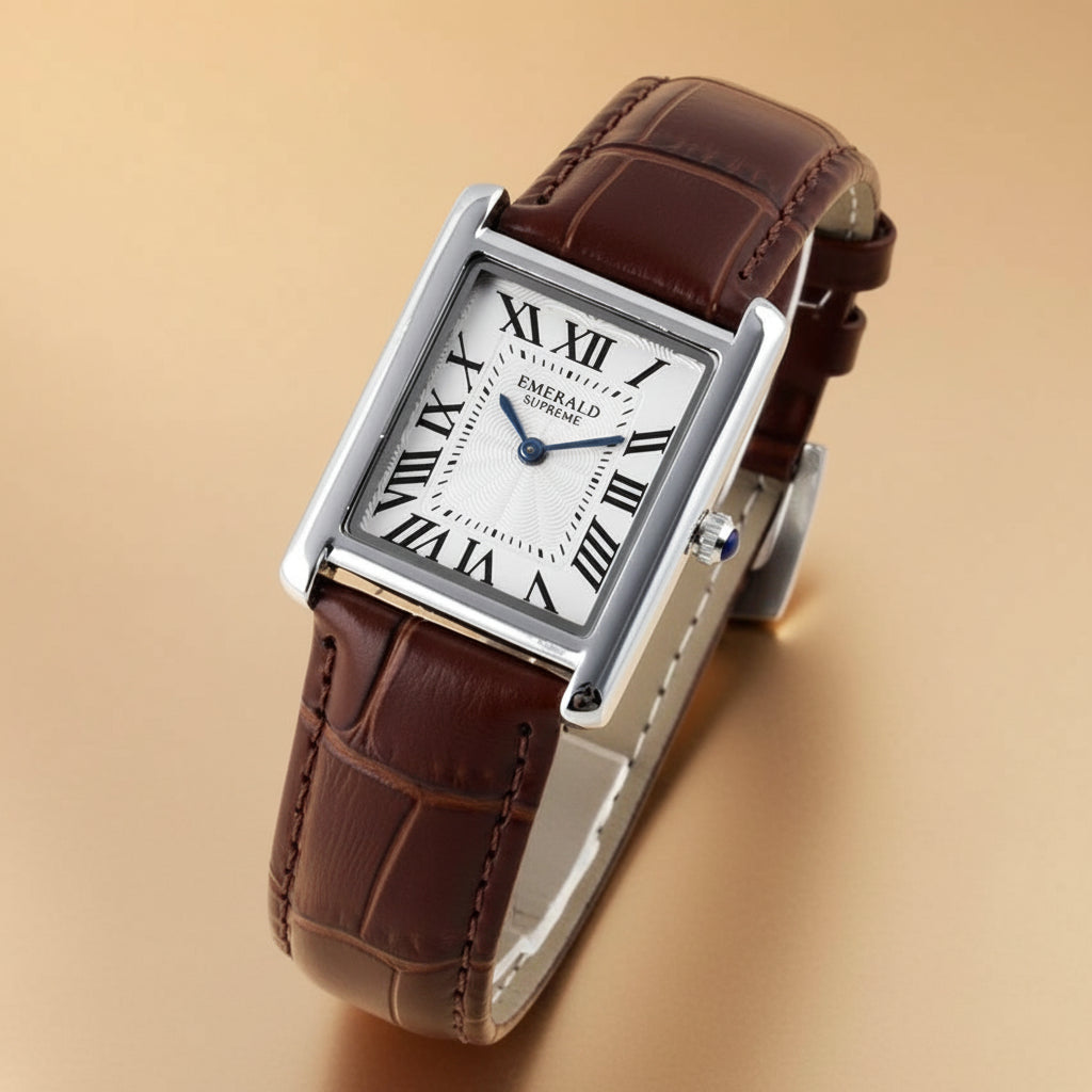 Emerald Supreme Tank Watch in luxury wooden gift box with brown leather strap