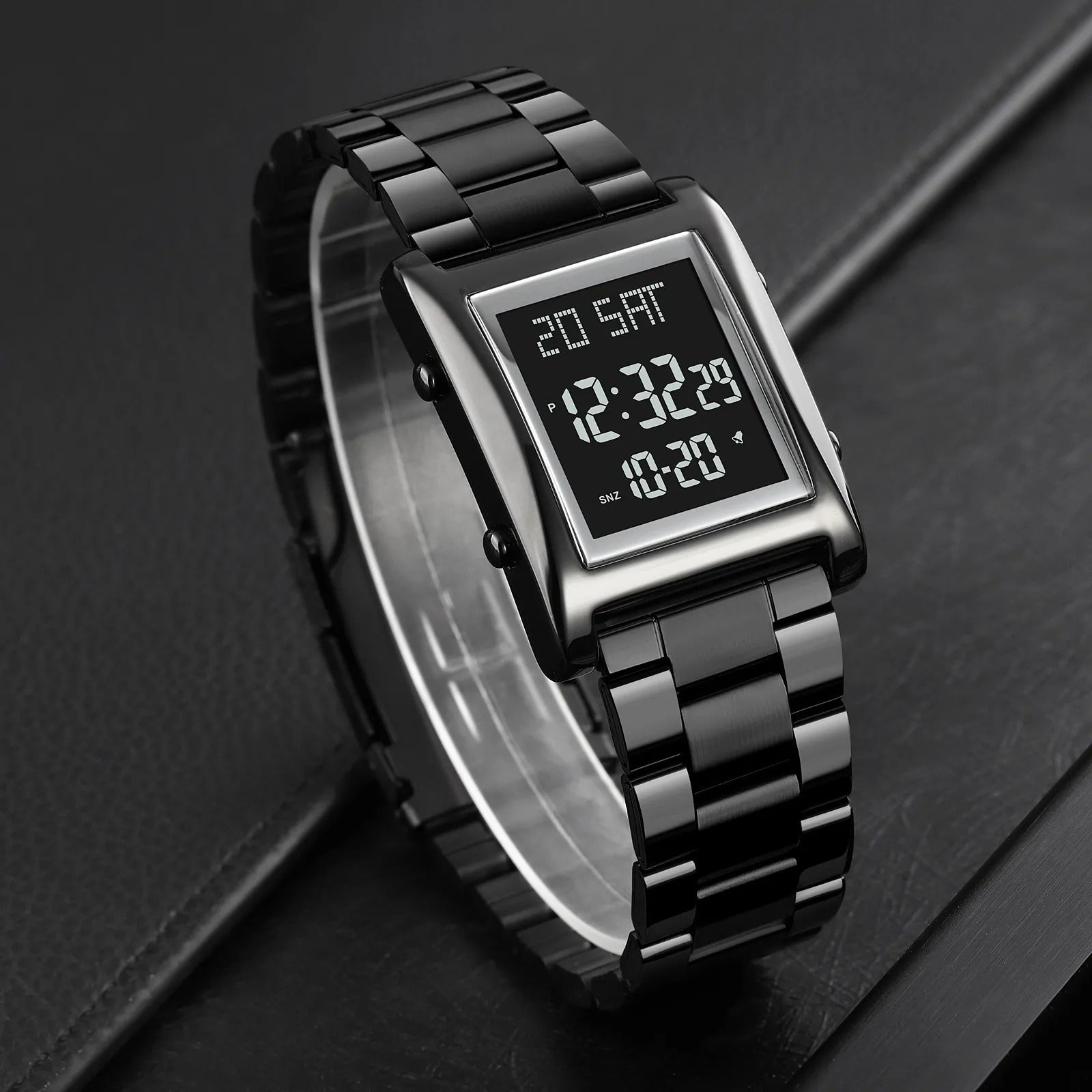 SKMEI 1812 Black Digital Watch angled lifestyle on dark surface