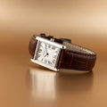 Emerald Supreme Tank Watch angled side view brown leather strap