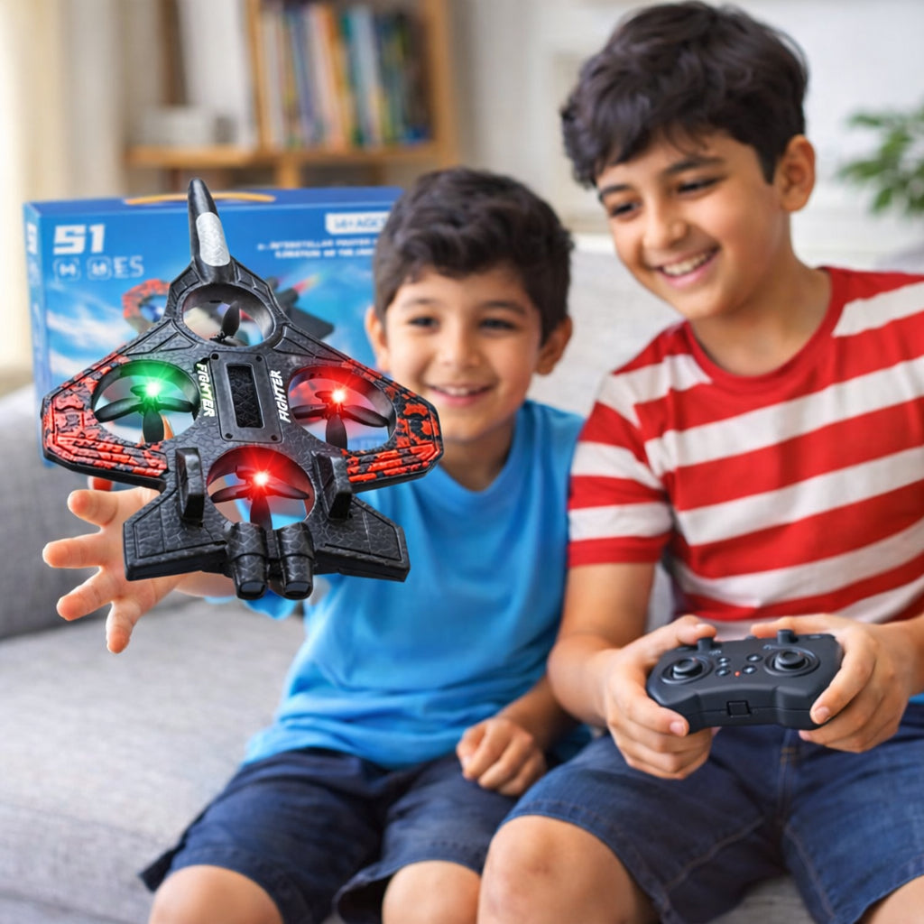 Two kids playing with S1 RC Combat Drone Fighter Plane indoors smiling