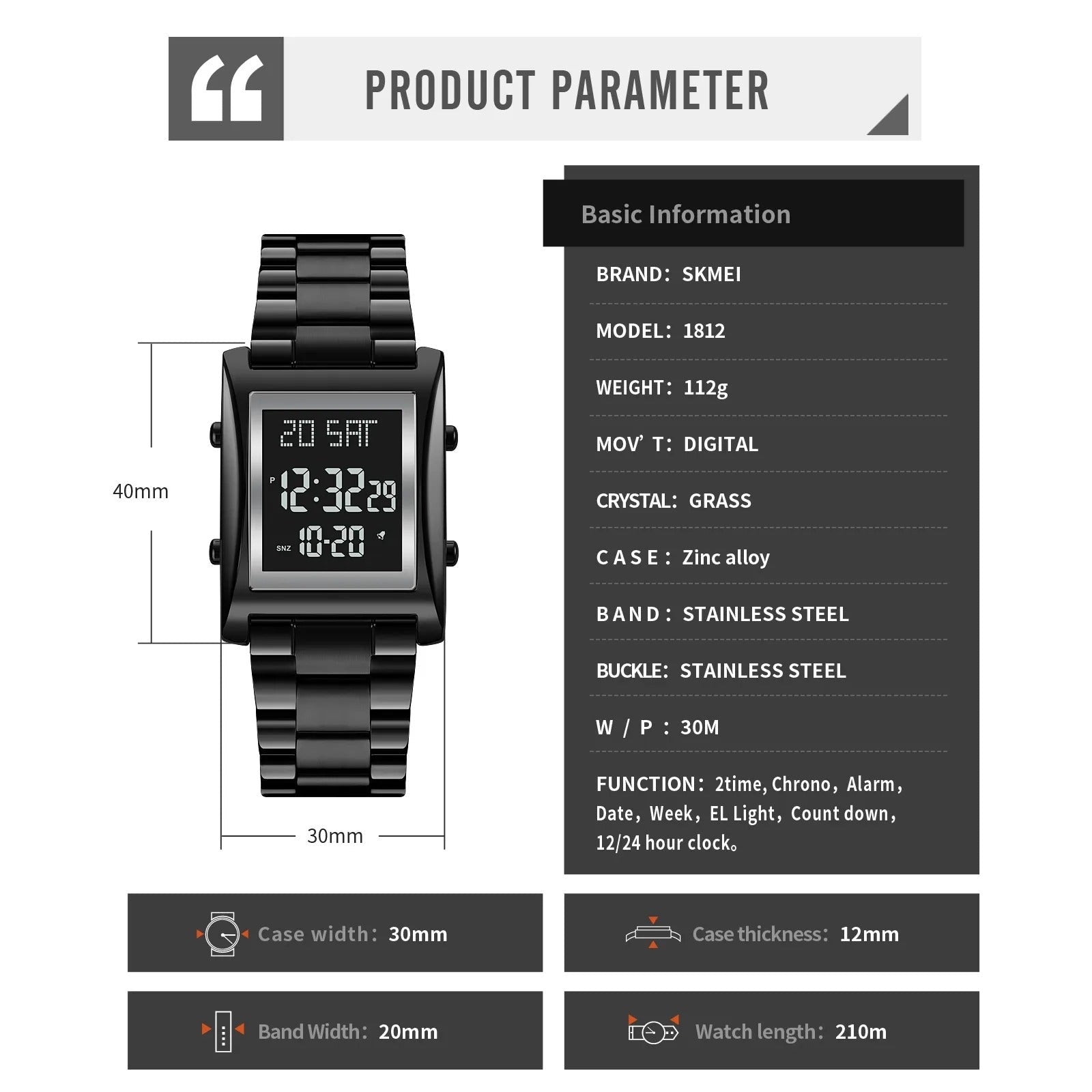 SKMEI 1812 back case showing 3ATM water resistance and CR2025 battery