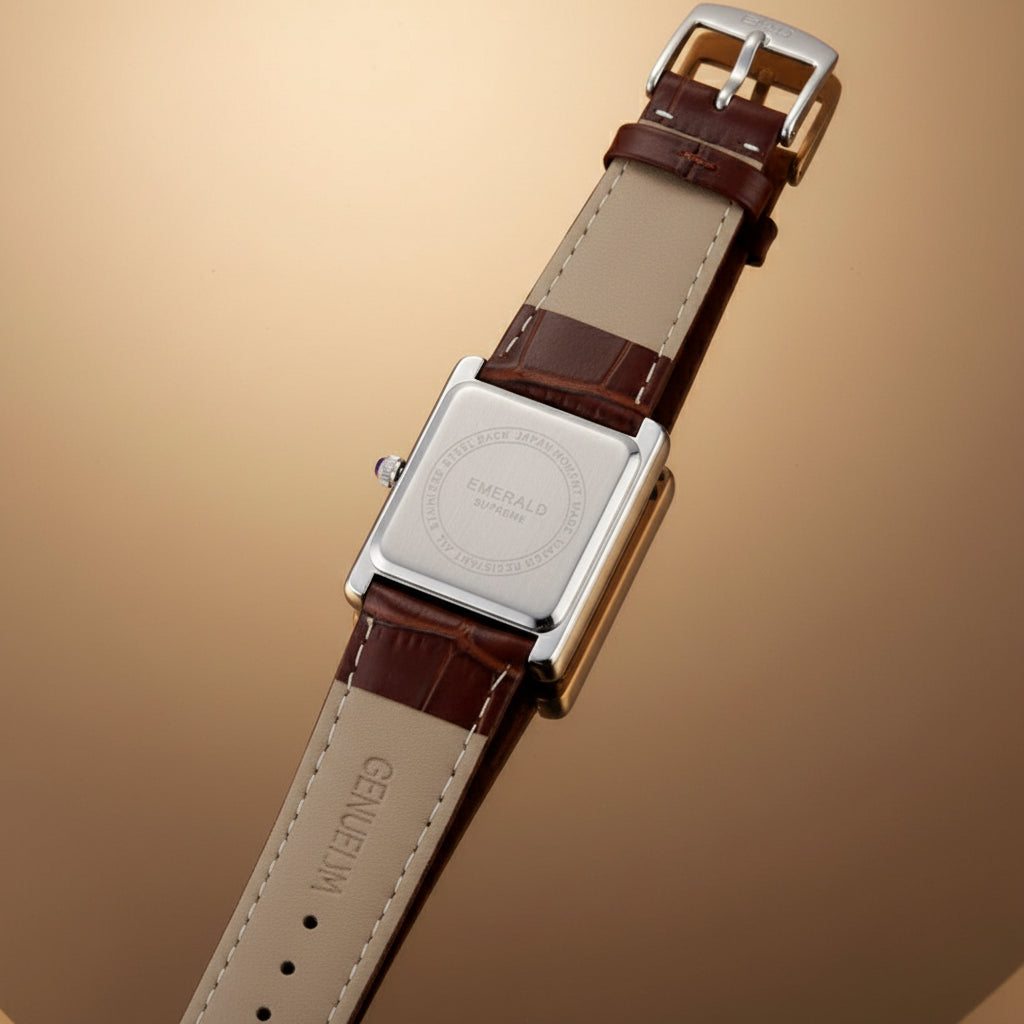 Emerald Supreme Tank Watch back case with genuine leather strap detail