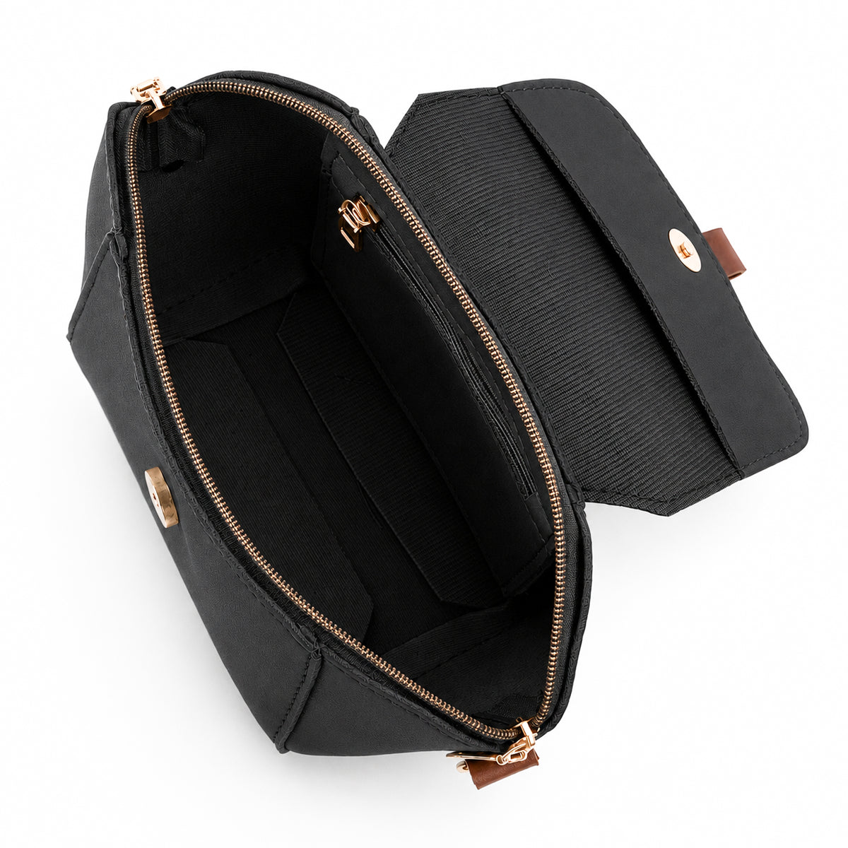 Saffiano flap crossbody bag in black - model wearing as crossbody with pink embroidered outfit front view