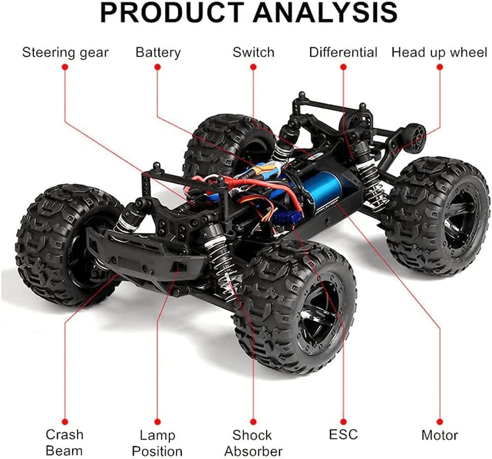 RC Monster Truck with 2.4GHz pistol-grip remote controller on white background