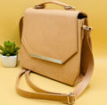 Beige saffiano crossbody satchel bag - side angle view