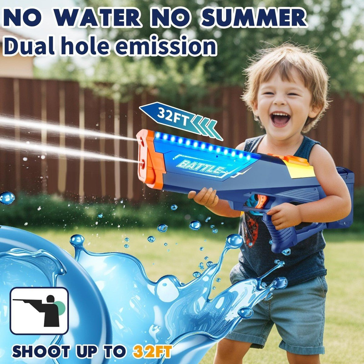 Battle Summer Warrior Electric Water Blaster side view with blue LED lights firing water