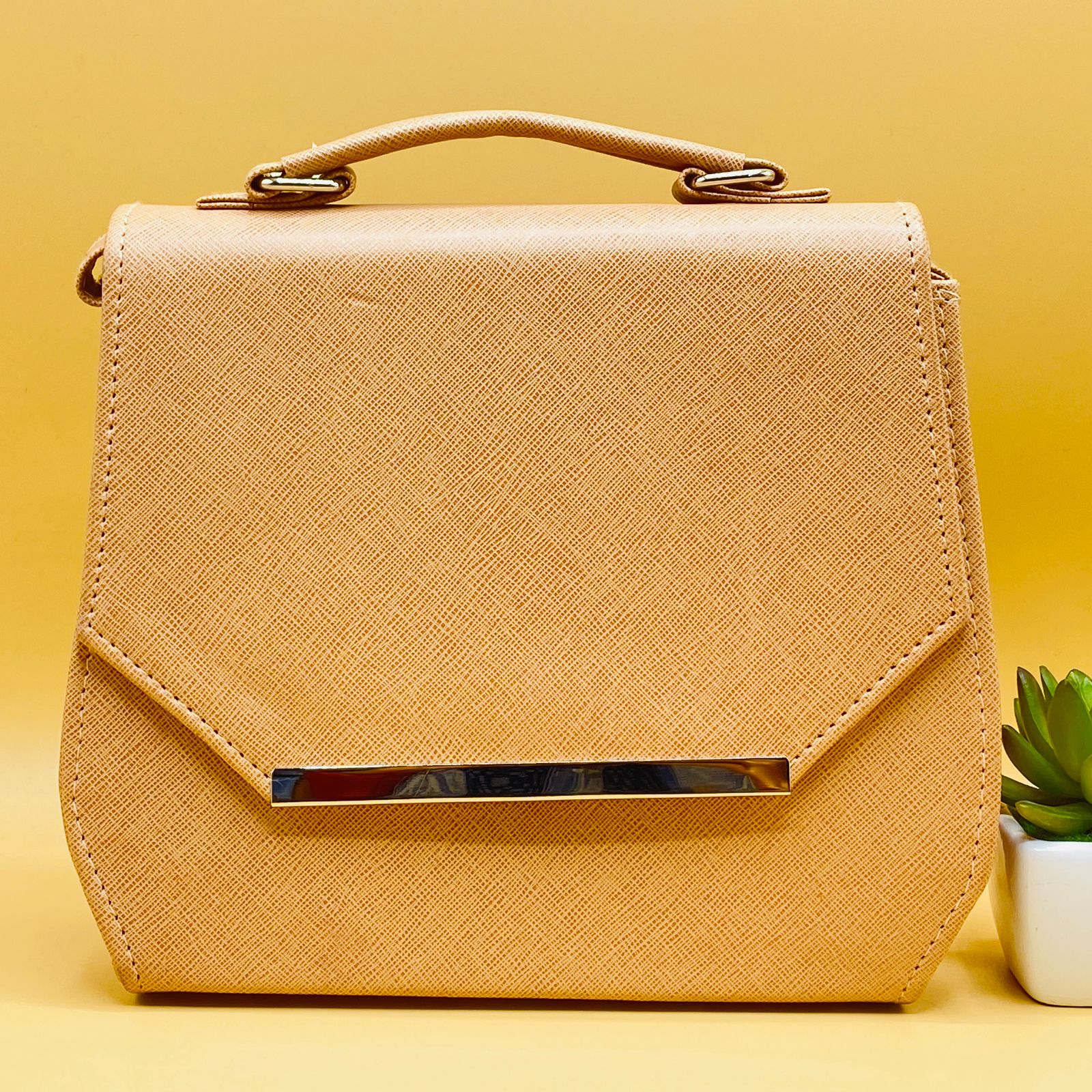 Beige saffiano crossbody satchel bag - front view