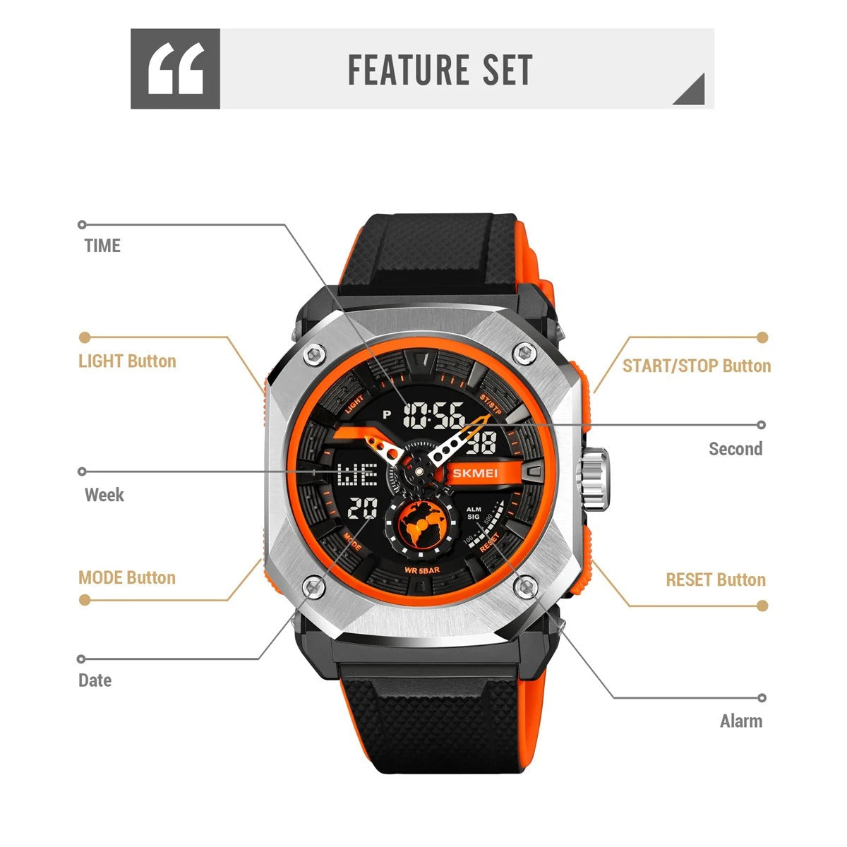 SKMEI Square Sport Watch Black water splash 50M water resistant shot