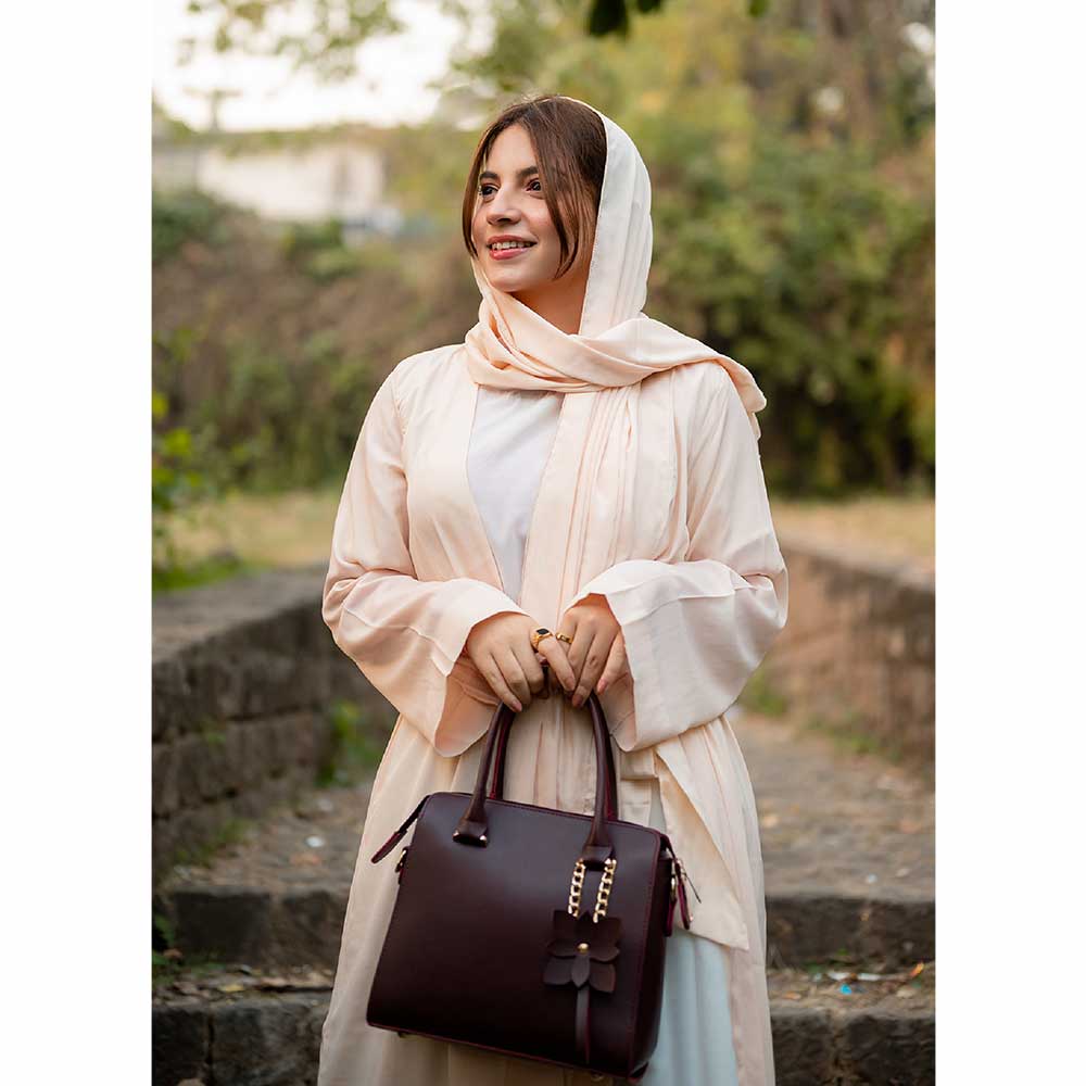 Maroon structured top handle handbag - back product view on white background