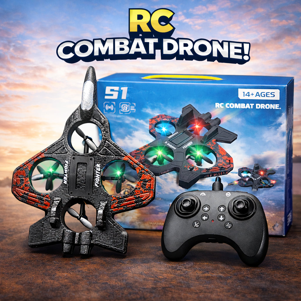 S1 RC Combat Drone Fighter Plane with remote controller and box - hero shot