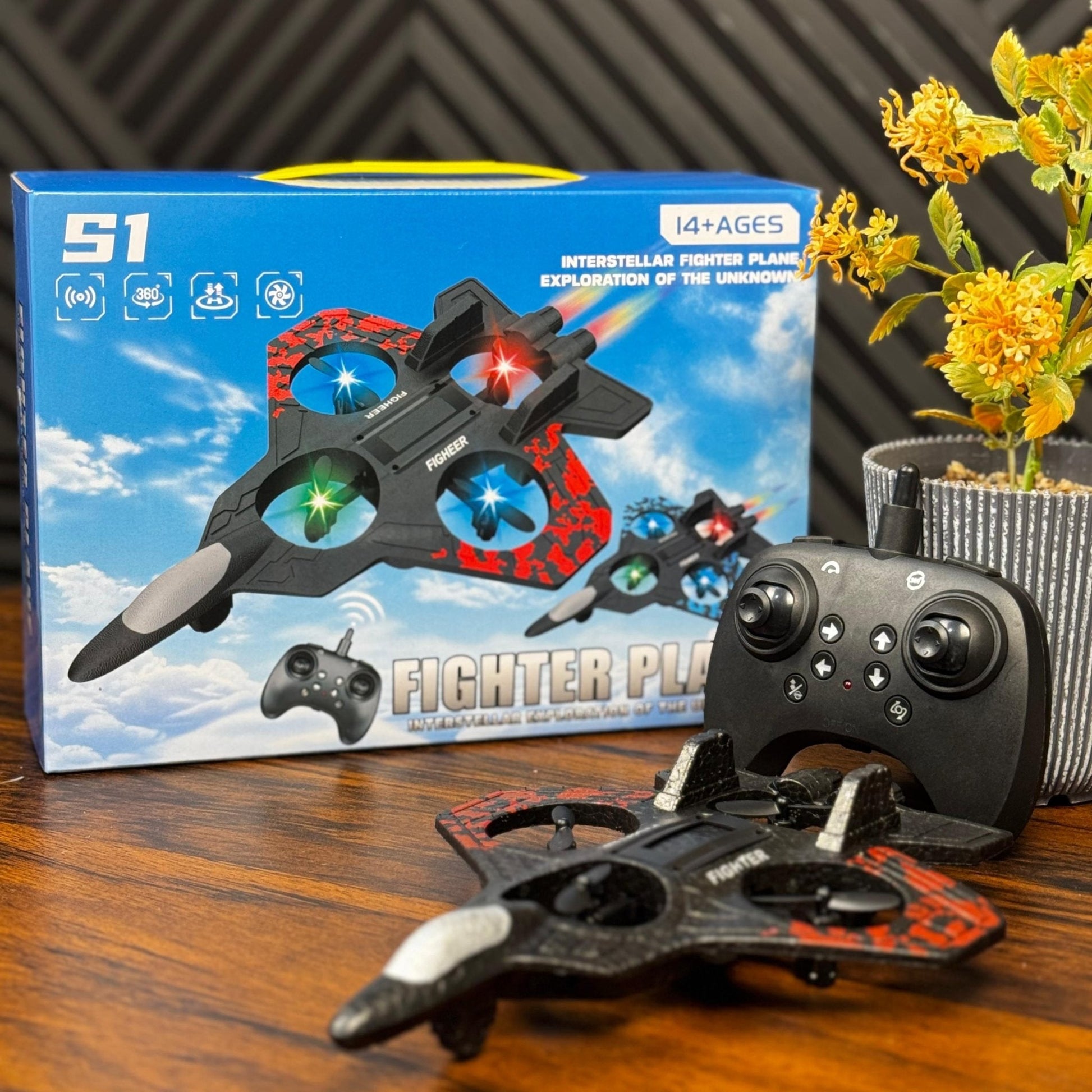 S1 RC Combat Drone Fighter Plane box and drone with remote controller and flowers
