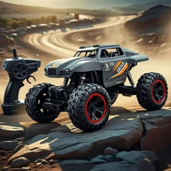 4WD High Speed RC Climbing Truck on rocky desert terrain with remote controller
