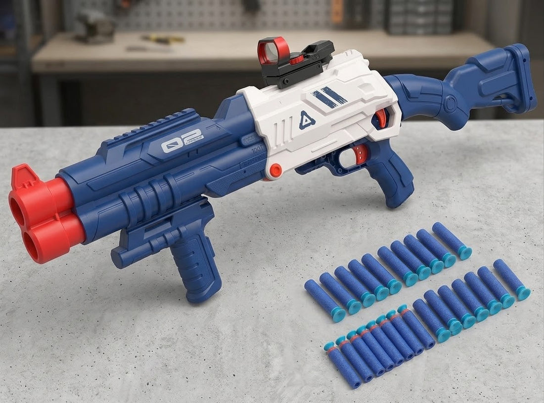 Double-Barrel Tactical Foam Dart Blaster Rifle with Red Dot Sight & Suction Bullets