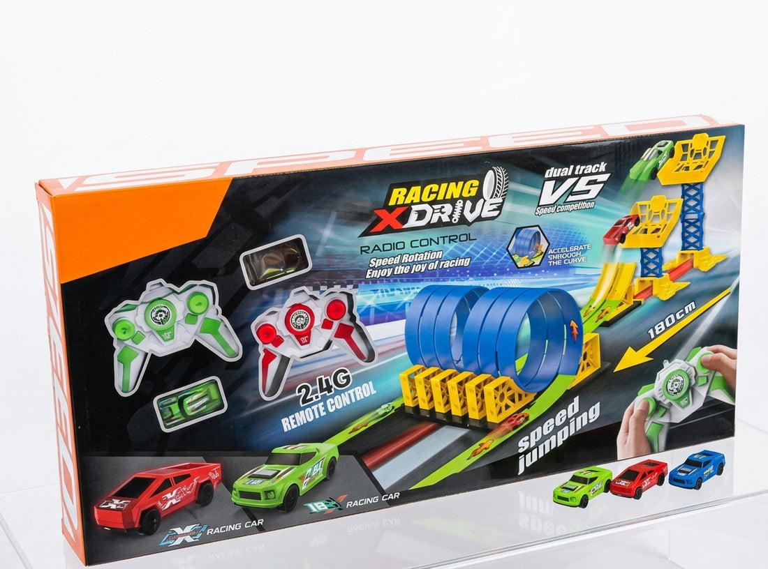 Racing X-Drive 2.4G Dual Track Remote Control Slot Car Set with 360° Loops & Jump Ramp (180cm Track)