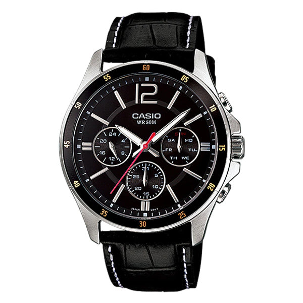 Casio MTP-1374L Leather Strap Chronograph Black Dial Watch