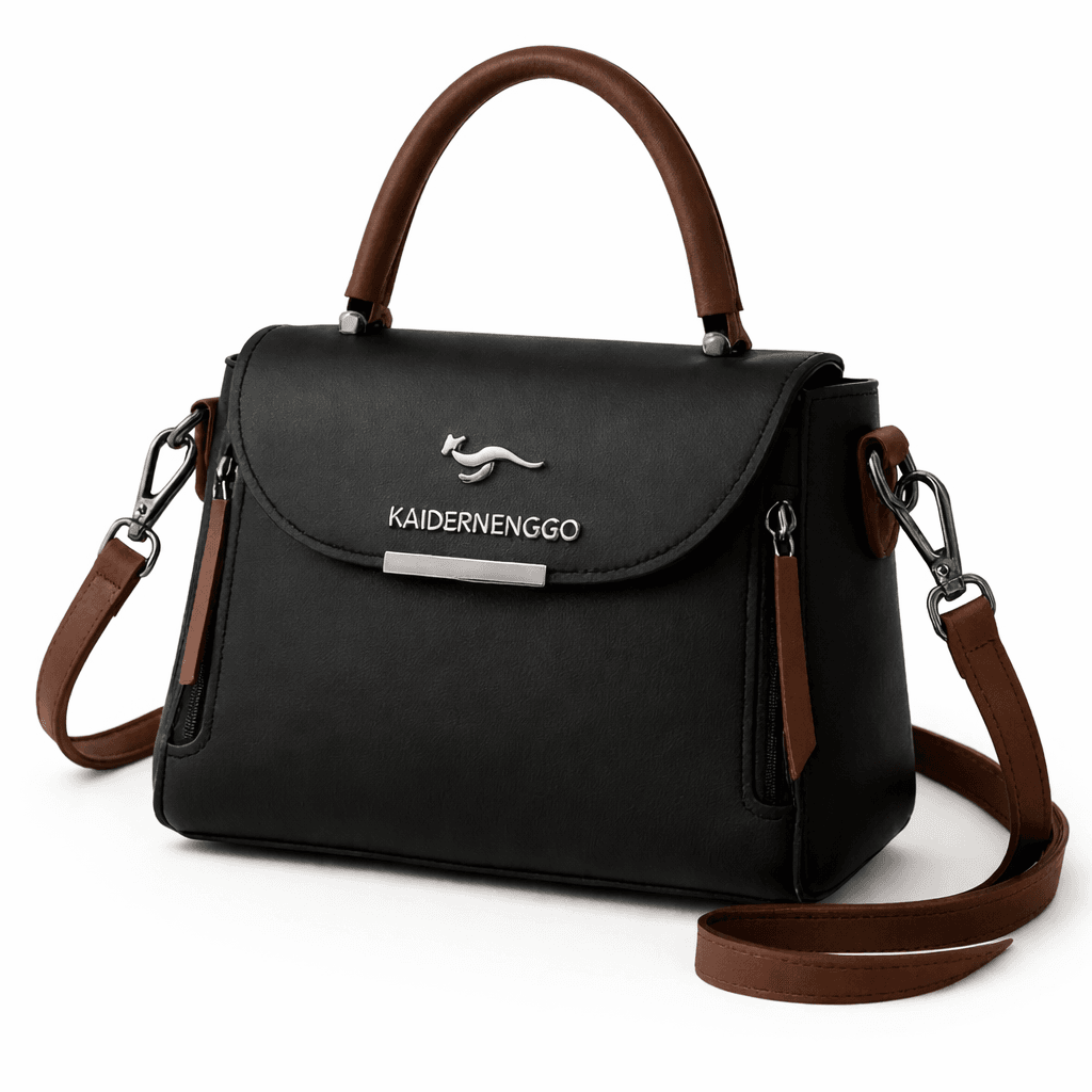 Kaidernenggo two-tone handbag in black with brown trim - product front angle view on white background