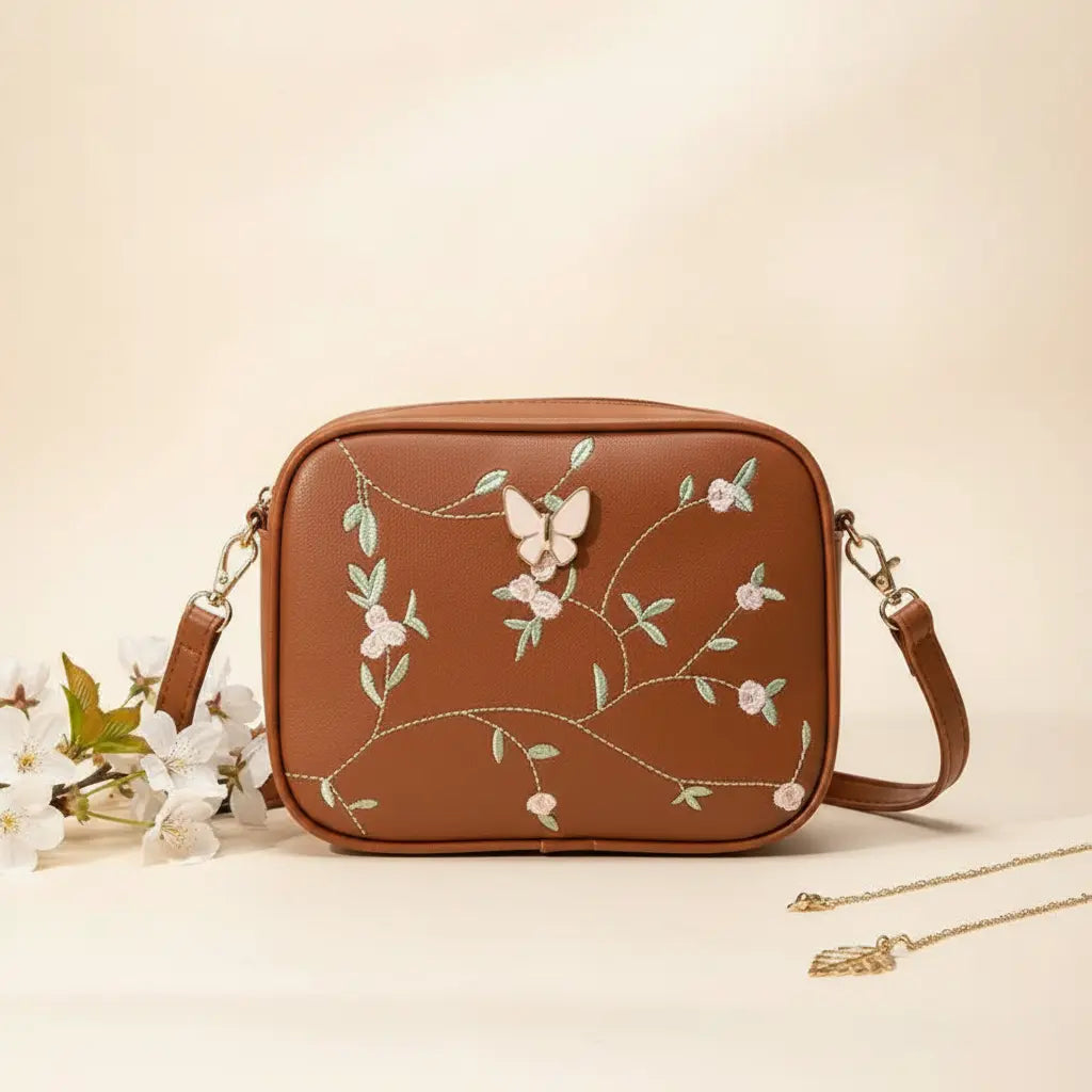 Embroidered butterfly crossbody bag in brown - product front view