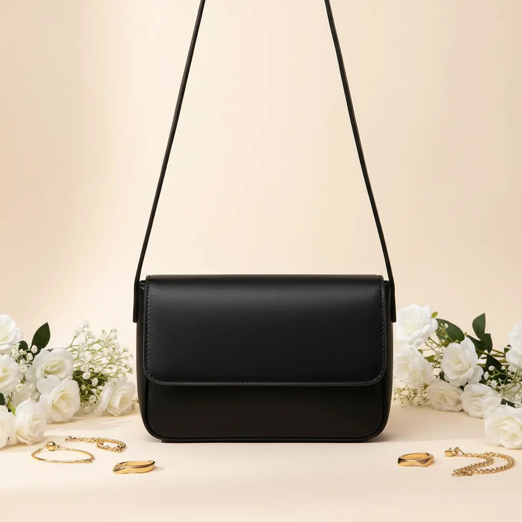 Magnetic crossbody bag in black - clean product front view on white background