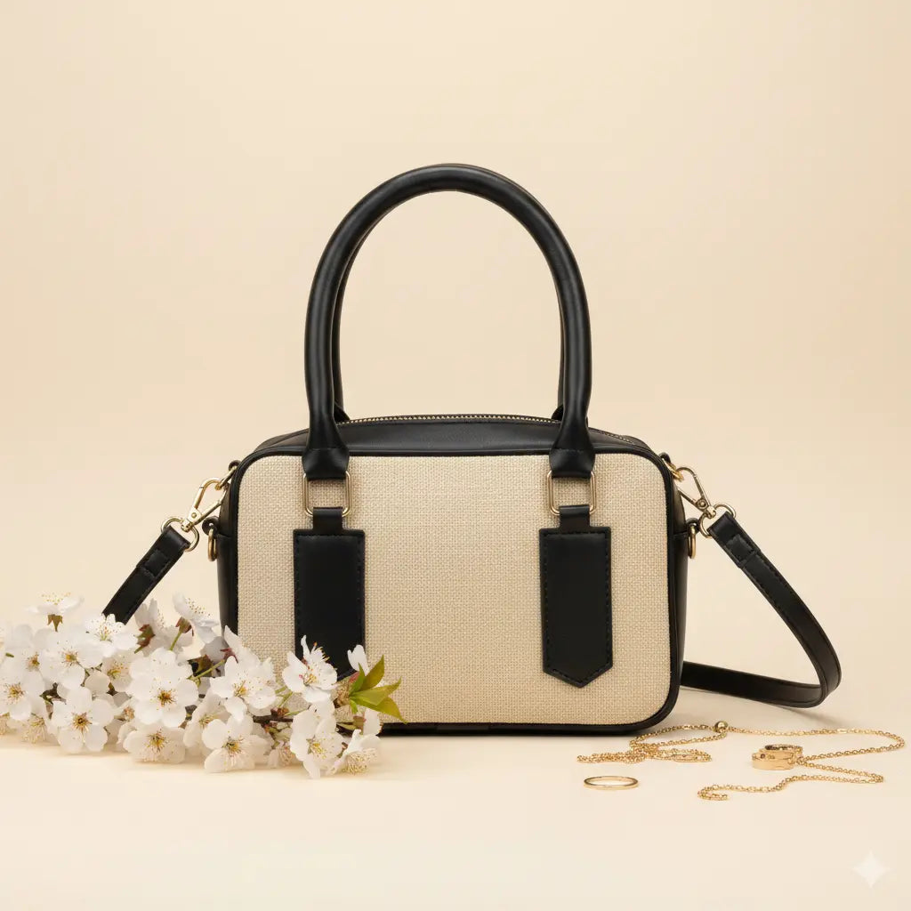 Noor classic handbag in black trim - front view with white flowers and gold accessories