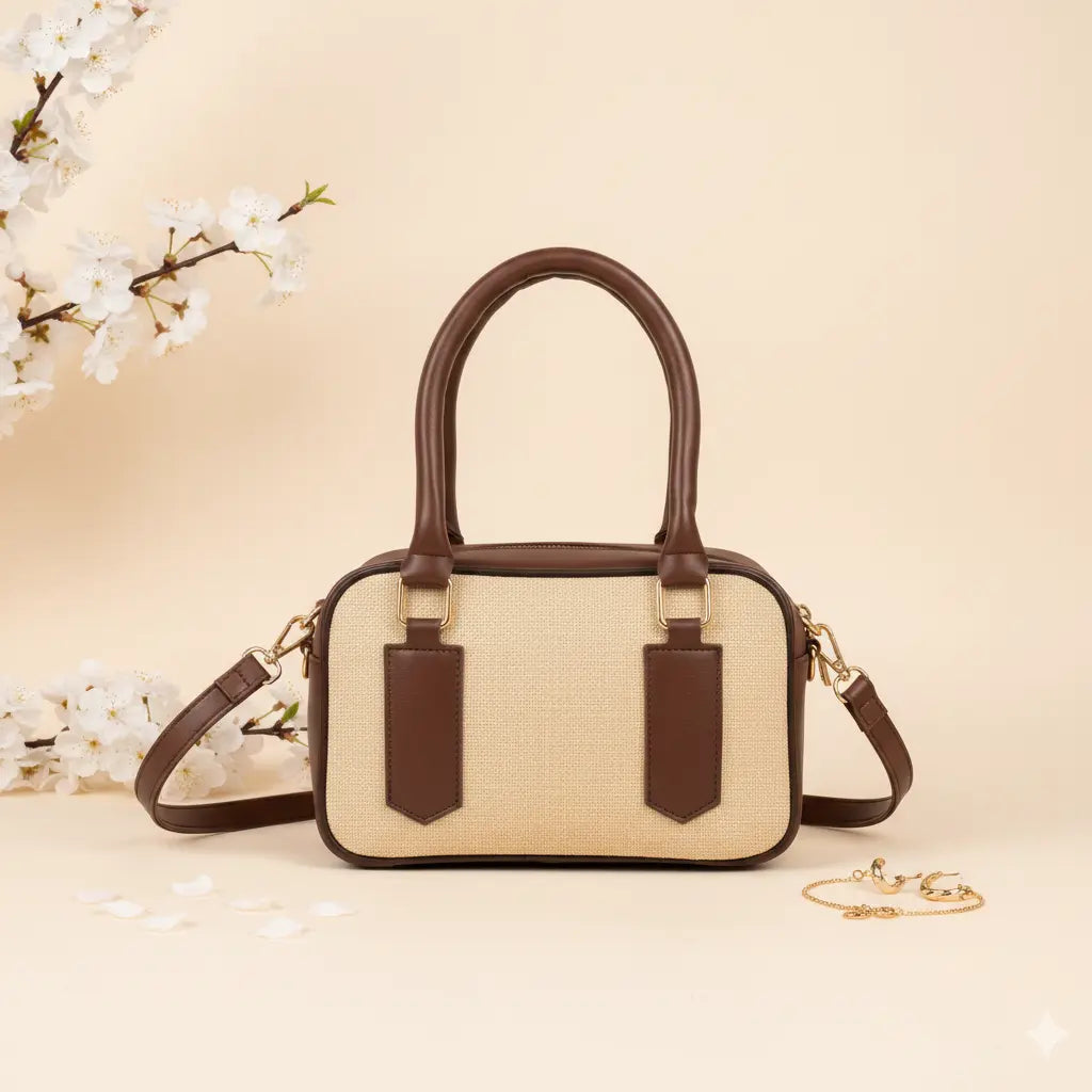 Noor classic handbag in brown trim - front view with white flowers and gold chain