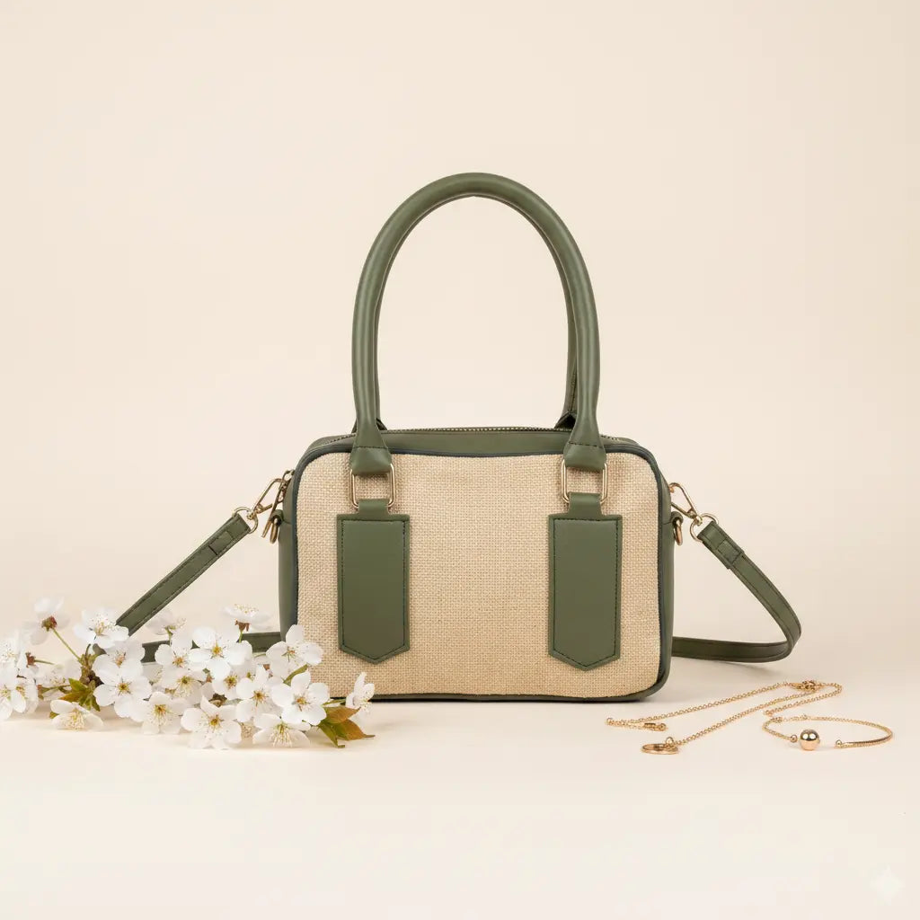 Noor classic handbag in olive green trim - front view with white flowers and gold accessories
