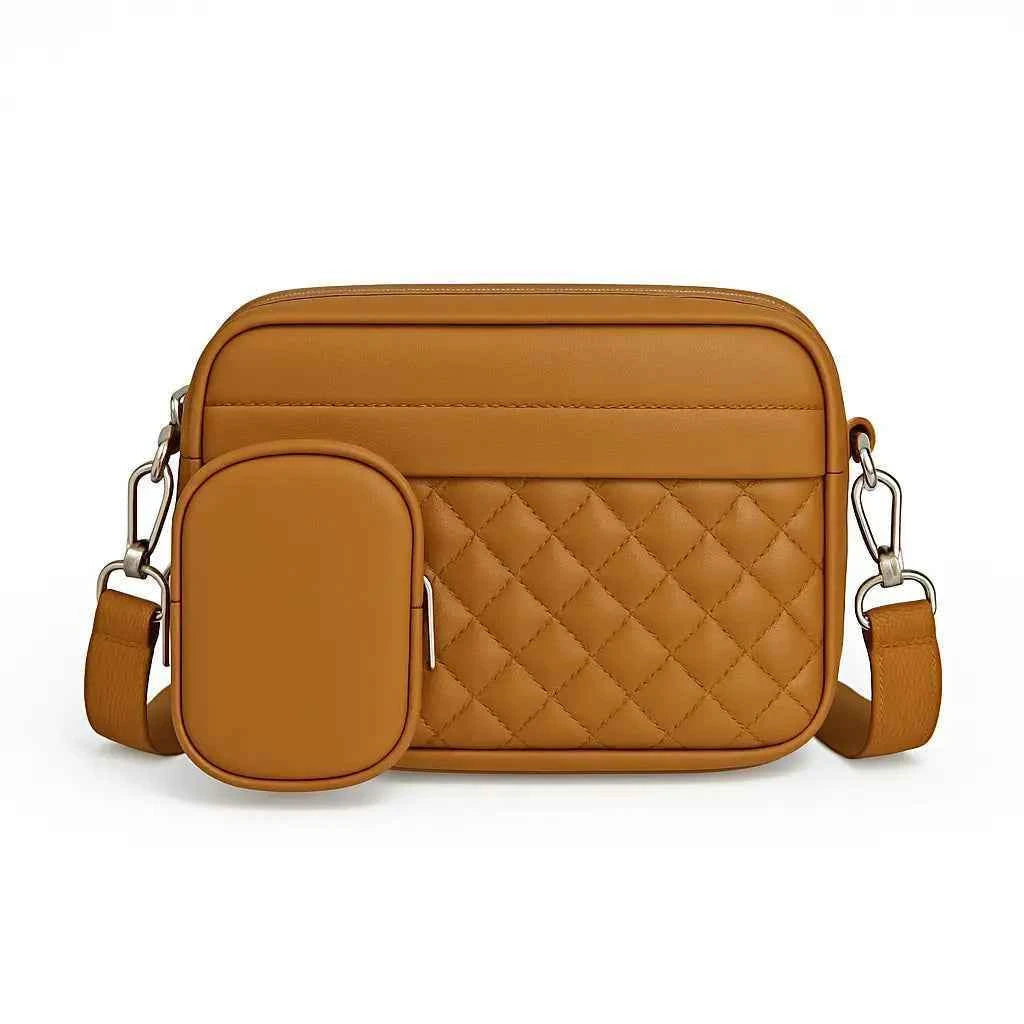 Quilted crossbody bag with coin pocket in brown/tan - clean product front view on white background