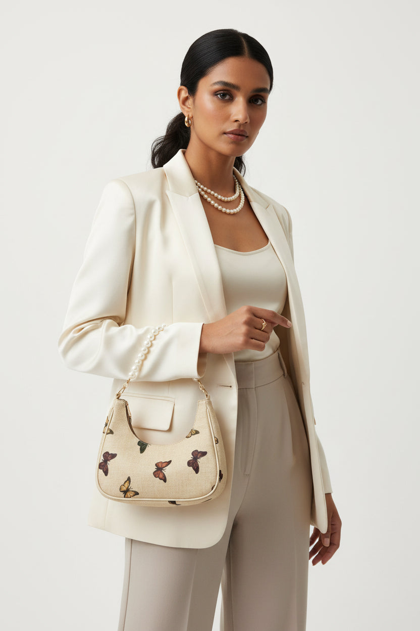 Rangon Ki Titli butterfly print bag - model wearing as shoulder bag with cream blazer and pearl necklace