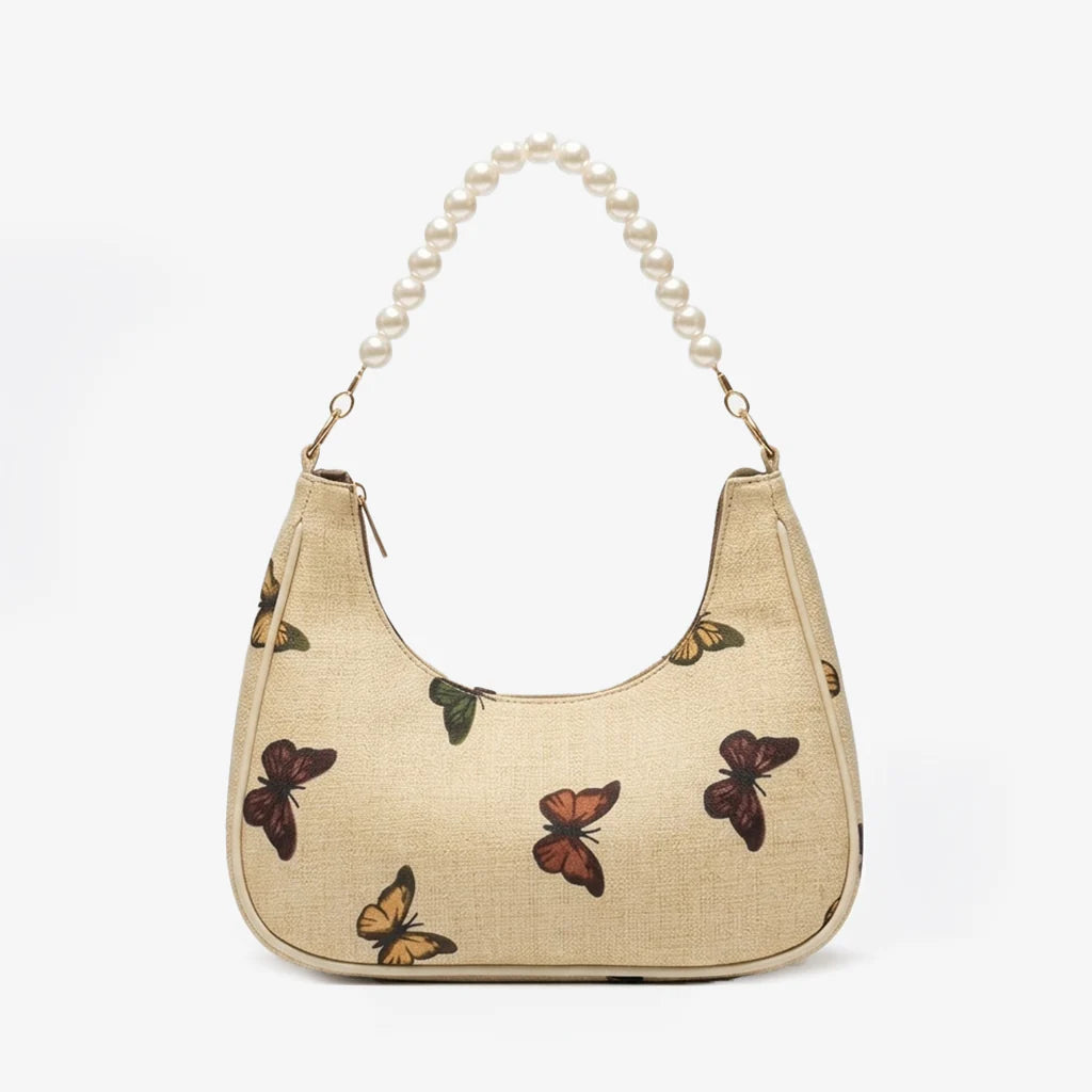 Rangon Ki Titli butterfly print pearl handle bag - clean product front view on white background