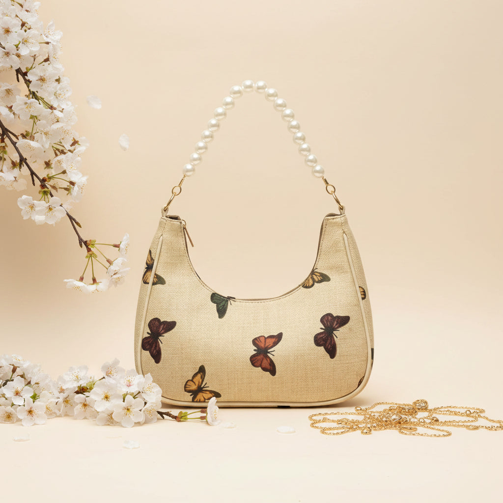 Rangon Ki Titli butterfly print pearl handle bag - lifestyle flat lay with white cherry blossoms and gold chain strap